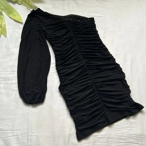 NWT LOGENE One Shoulder Puff Long Sleeve Ruched Bodycon Mini Dress - Picture 8 of 9